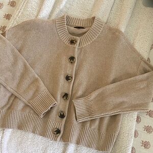 Quince cropped cotton Beige Button-Front Crewneck Cardigan